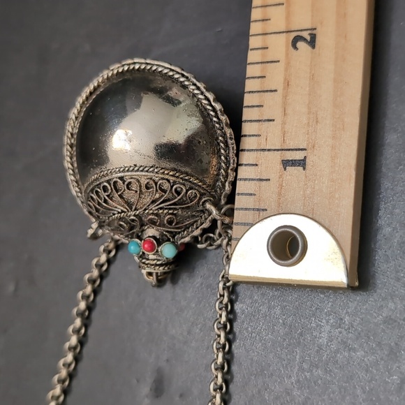 Vintage Tibetan Silver Metal Pendant Snuff Necklace with Red/Turquoise Accents. - Picture 11 of 11